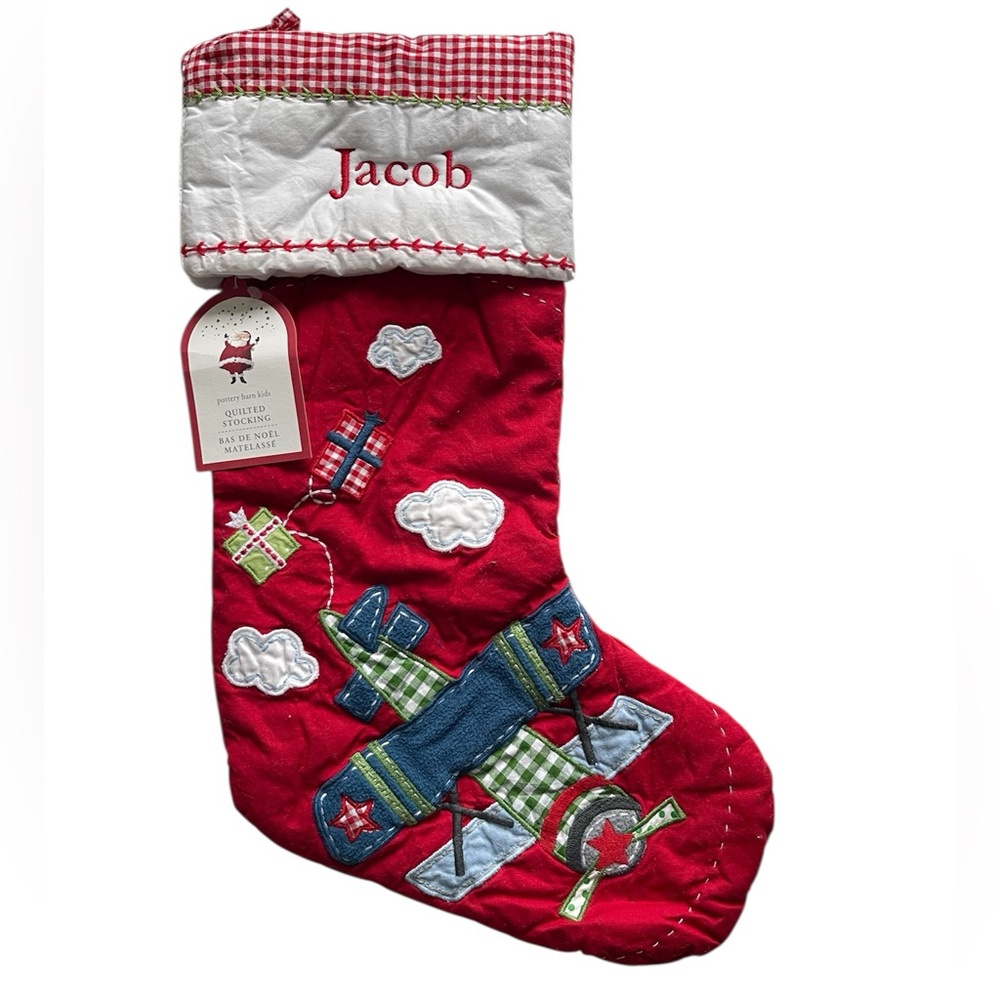 Pottery Barn Kids Christmas Stocking Plush Jacob Plane Gifts Quilted Gingham